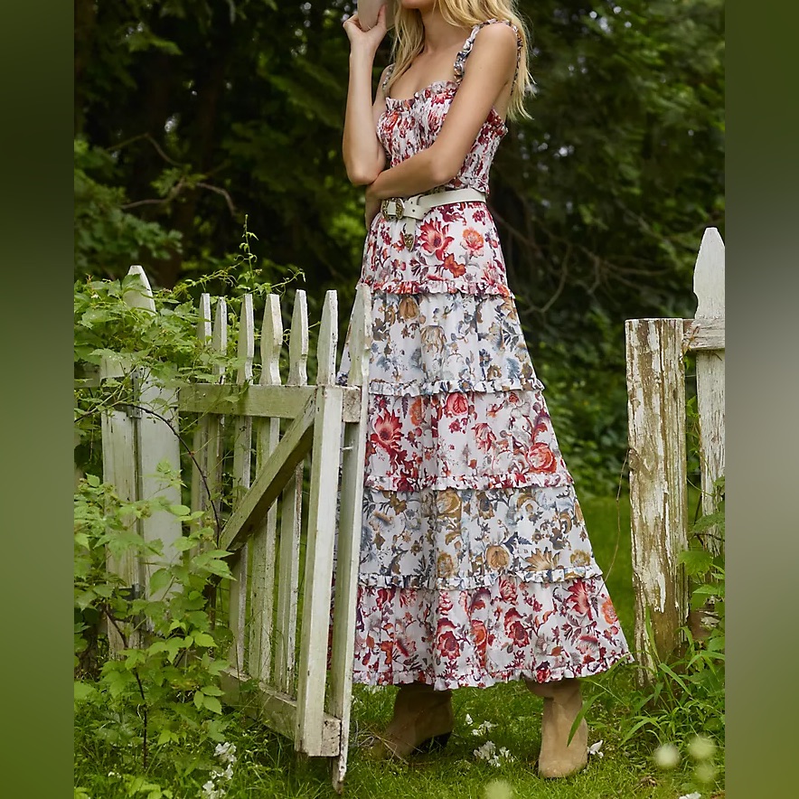 Anthropologie Sleeveless Square-Neck Ruffle Tiered Midi Dress